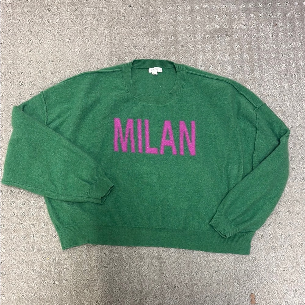 Anthropologie Green Crewneck Sweater with Pink MILAN Logo